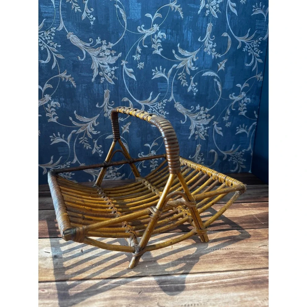 Vintage Rattan Caddy with Handle, Small Wicker Storage Basket